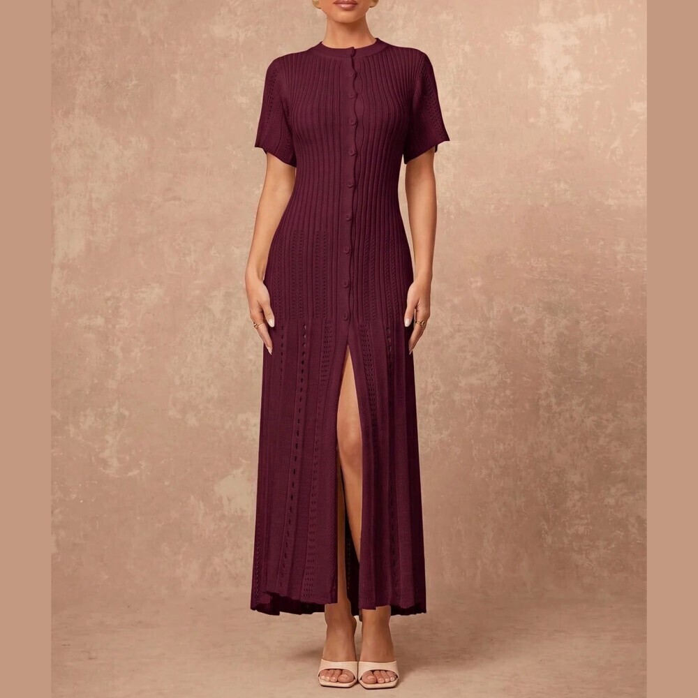 Burgundy Ribbed Knit Button Front Maxi Sweater Dress